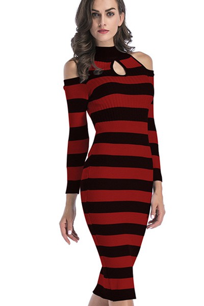 Liz Stripe Cold Shoulder Midi Sweater Dress